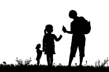 Bir adam, siyah siluetler çocuk ve köpek beyaz arka plan üzerinde izole 