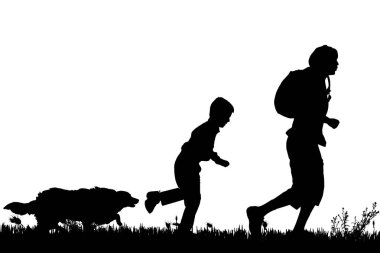 Bir adam, siyah siluetler çocuk ve köpek beyaz arka plan üzerinde izole 