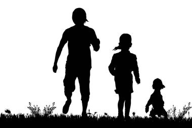 Bir adam, siyah siluetler çocuk ve köpek beyaz arka plan üzerinde izole 