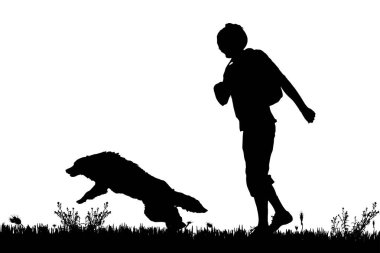 Köpek ve adam izole beyaz arka plan üzerinde siyah siluetleri 