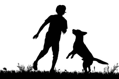 Köpek ve adam izole beyaz arka plan üzerinde siyah siluetleri 