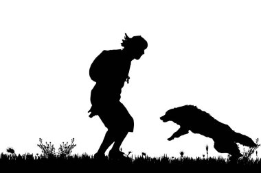 Köpek ve adam izole beyaz arka plan üzerinde siyah siluetleri 