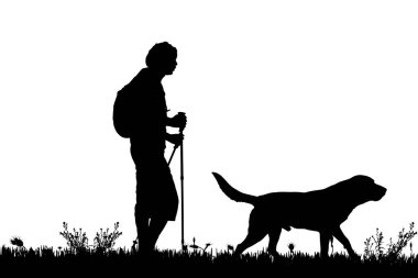 Köpek ve adam izole beyaz arka plan üzerinde siyah siluetleri 