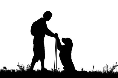 Köpek ve adam izole beyaz arka plan üzerinde siyah siluetleri 