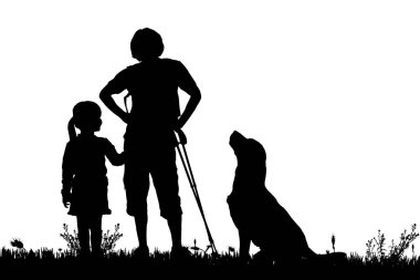 Bir adam, siyah siluetler çocuk ve köpek beyaz arka plan üzerinde izole 