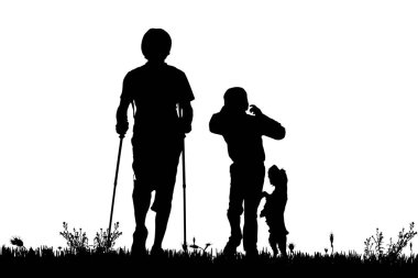 Bir adam, siyah siluetler çocuk ve köpek beyaz arka plan üzerinde izole 