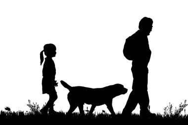 Bir adam, siyah siluetler çocuk ve köpek beyaz arka plan üzerinde izole 