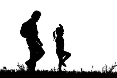 Adam ve beyaz arka plan üzerinde izole çocuk siyah siluetleri 