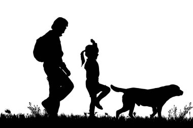 Bir adam, siyah siluetler çocuk ve köpek beyaz arka plan üzerinde izole 