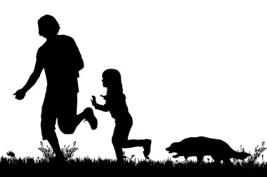 Bir adam, siyah siluetler çocuk ve köpek beyaz arka plan üzerinde izole 