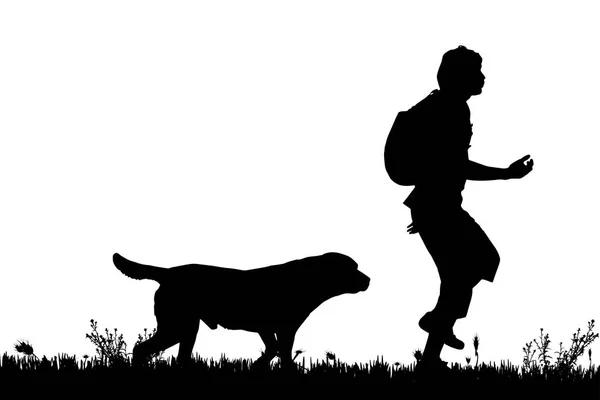 白色背景下的狗和人的黑色剪影 — 图库矢量图片