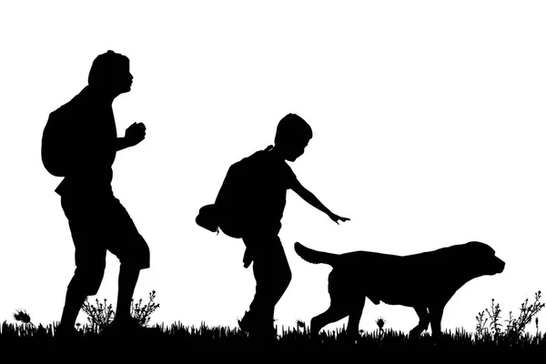 Schwarze Silhouetten Von Mann Kind Und Hund Isoliert Auf Weißem — Stockvektor