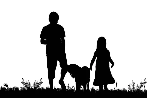 Silhouettes Noires Homme Enfant Chien Isolé Sur Fond Blanc — Image vectorielle