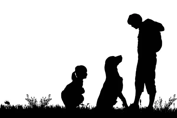 Zwarte Silhouetten Van Mens Kind Hond Geïsoleerd Witte Achtergrond — Stockvector