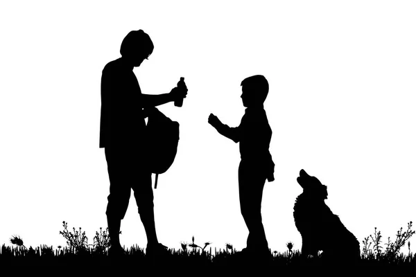 男の黒いシルエットの子供し 白い背景に分離された犬 — ストックベクタ