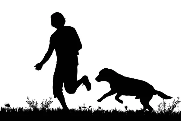 犬と男は 白い背景で隔離の黒いシルエット — ストックベクタ