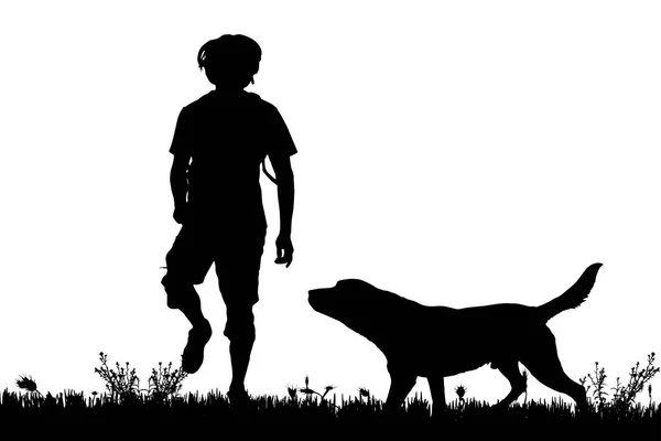 Schwarze Silhouetten Von Hund Und Mensch Isoliert Auf Weißem Hintergrund — Stockvektor