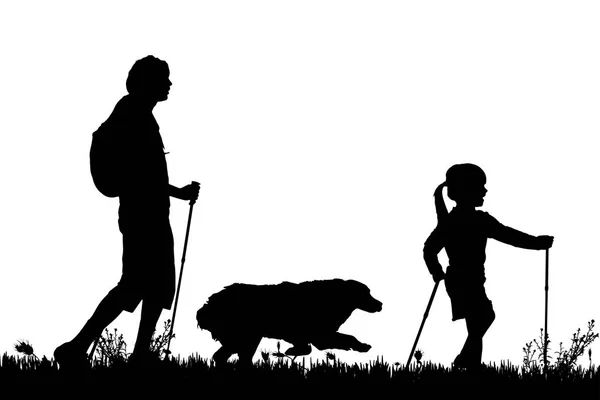 Schwarze Silhouetten Von Mann Kind Und Hund Isoliert Auf Weißem — Stockvektor