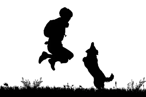 Silhouettes Noires Chien Homme Isolé Sur Fond Blanc — Image vectorielle