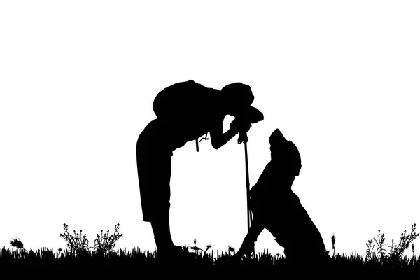 Schwarze Silhouetten Von Hund Und Mensch Isoliert Auf Weißem Hintergrund — Stockvektor