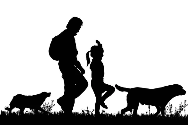 Svarta Silhuetter Man Barn Och Hundar Isolerade Vit Bakgrund — Stock vektor