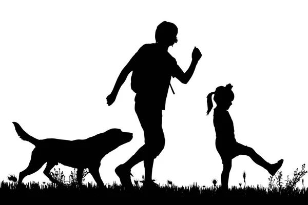 Black Silhouettes Man Kid Dog Isolated White Background — Stock Vector