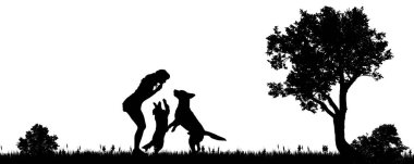 Şehir dışında bir köpek bir kadınla vektör çizim.