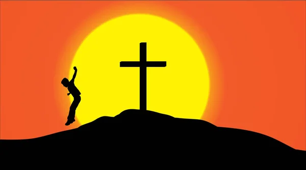 日落时山上十字架的矢量剪影 — 图库矢量图片