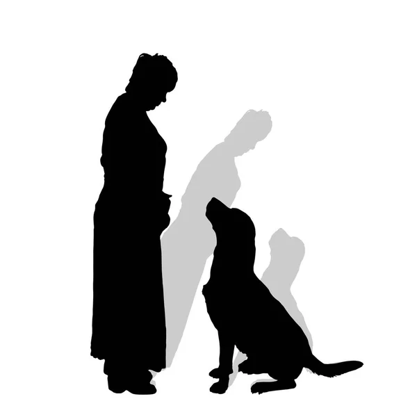 Vector Silhouette Woman Dog White Background — Stock Vector