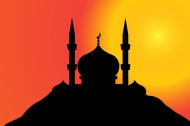 Günbatımında bir tepede bir Camii siluet vektör.
