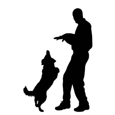 Beyaz arka plan üzerinde köpeğiyle oynayan adam silüeti vektör.