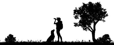 Şehir dışında bir köpek bir kadınla vektör çizim.