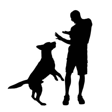 Beyaz arka plan üzerinde köpeğiyle oynayan adam silüeti vektör.