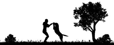 Şehir dışında bir köpek bir kadınla vektör çizim.