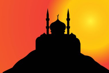 Günbatımında bir tepede bir Camii siluet vektör.