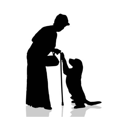 beyaz zemin üzerinde bir köpekle kadın silüeti vektör.