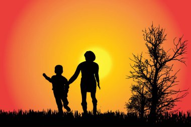 Gün batımında kırsal bir ailede silüeti vektör.