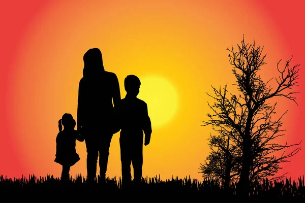 Vektorsilhouette Einer Familie Auf Dem Land Bei Sonnenuntergang — Stockvektor