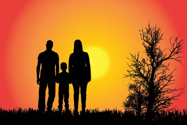 Vektorsilhouette Einer Familie Auf Dem Land Bei Sonnenuntergang — Stockvektor