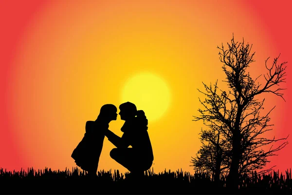 Silhouette Vettoriale Una Famiglia Campagna Tramonto — Vettoriale Stock