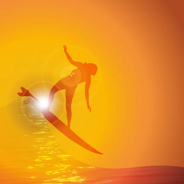 矢量剪影冲浪者在波浪在日落 — 图库矢量图片