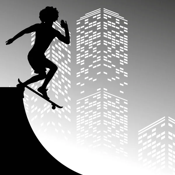 Vector Silhouette Skateboarder Grey Skyscraper Background — Stock Vector