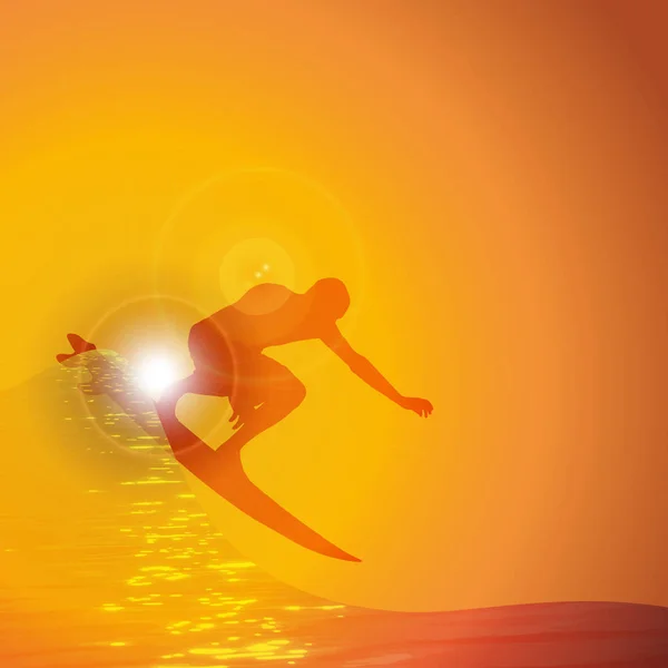Silhouette Vectorielle Surfeur Sur Vague Coucher Soleil — Image vectorielle