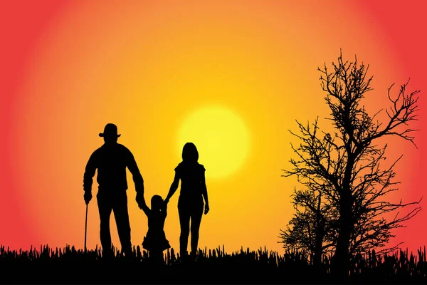 Silueta Vectorial Una Familia Campo Atardecer — Vector de stock