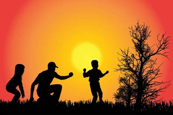 Silhouette Vettoriale Una Famiglia Campagna Tramonto — Vettoriale Stock