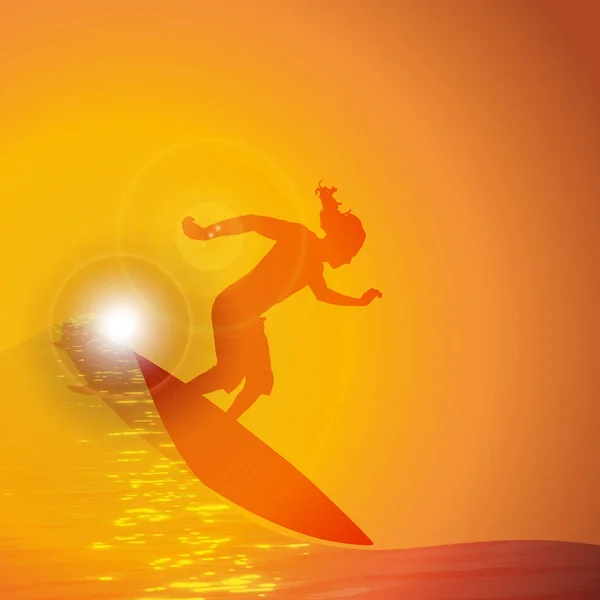 Vektor Silhouette Surfer Auf Der Welle Bei Sonnenuntergang — Stockvektor