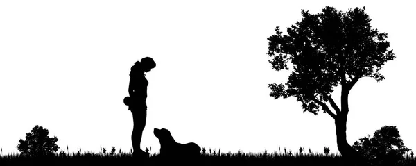 Vector Εικονογράφηση Μιας Γυναίκας Ένα Σκυλί Στην Ύπαιθρο — Διανυσματικό Αρχείο