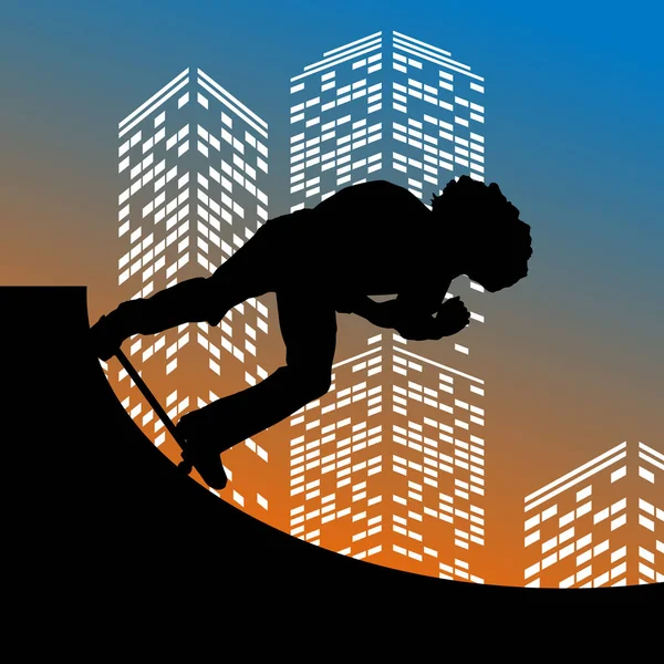 Vector Silhouette Skateboarder Color Skyscraper Background — Stock Vector