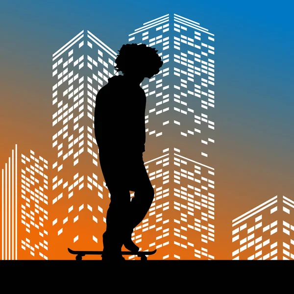 Vektor Silhouette Skateboarder Auf Farbe Wolkenkratzer Hintergrund — Stockvektor