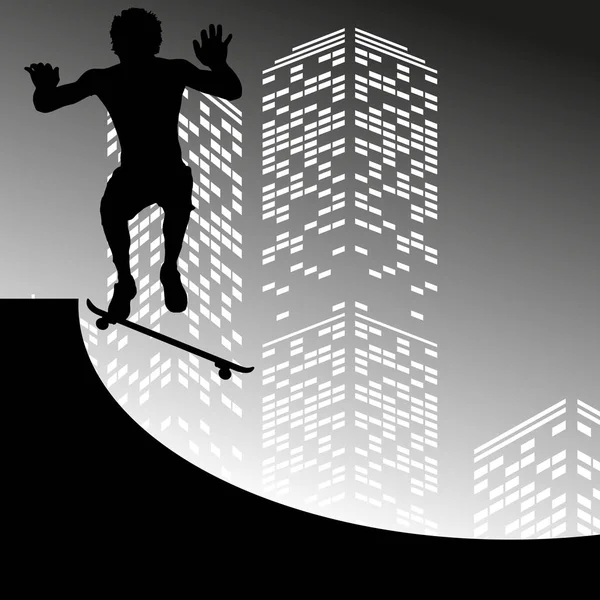 Vector Silhouette Skateboarder Grey Skyscraper Background — Stock Vector